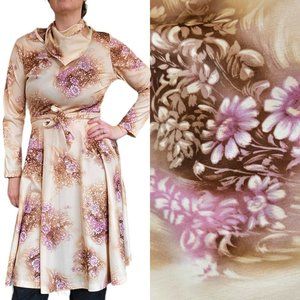 70s Beige‎ Medium Pink Floral Retro Polyester Fit N Flare Dress Belted W Bandana